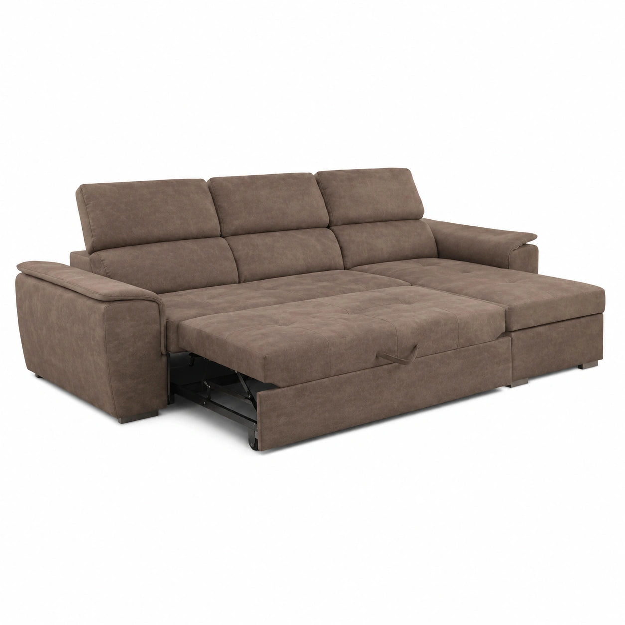 Divano Angolare Moderno con Letto Estraibile e Contenitore, Tessuto Marrone Beige, 3 Posti, 277x172x75/95 cm