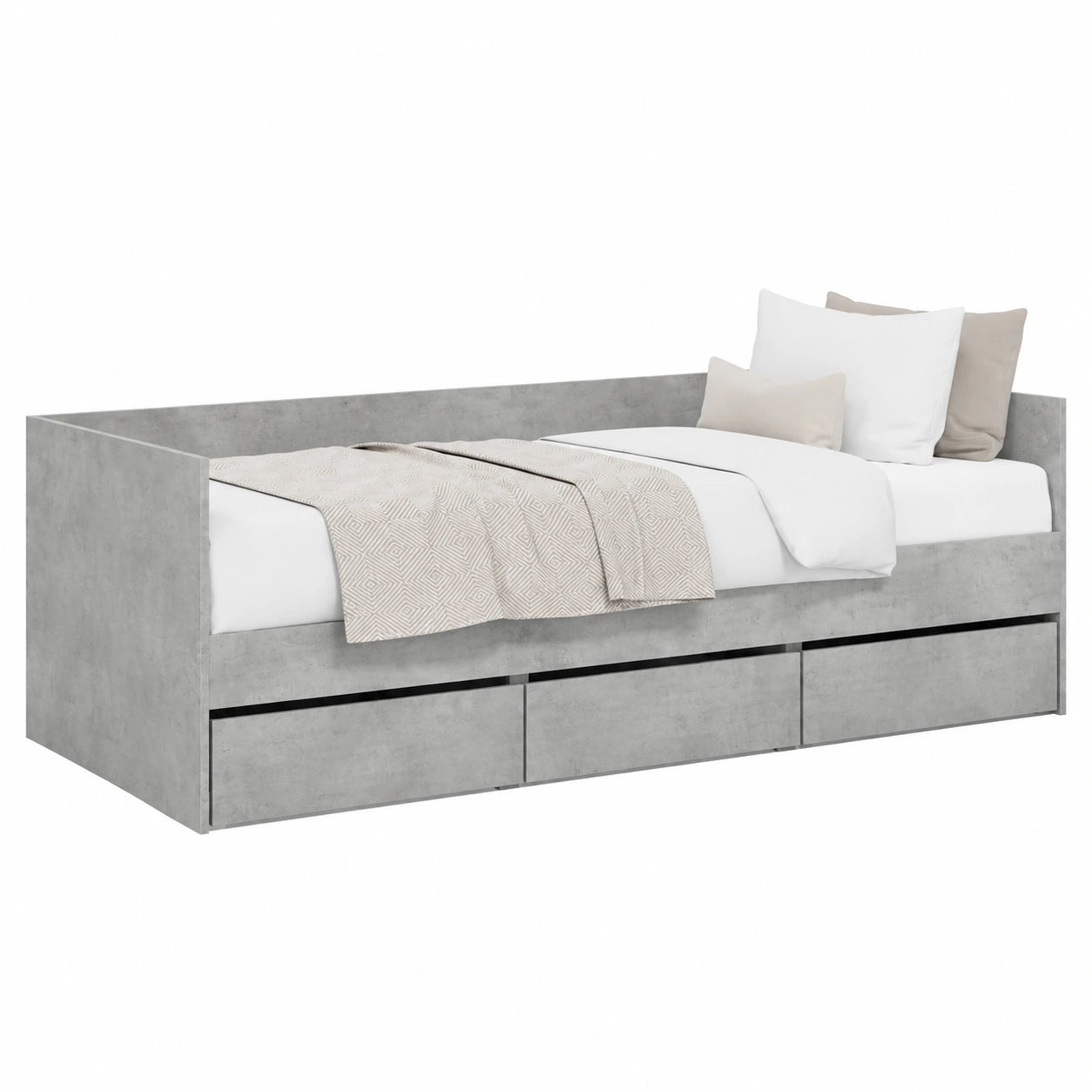 Divano Letto in Legno Grigio Cemento con Cassetti e Rete a Doghe, 100x200 cm