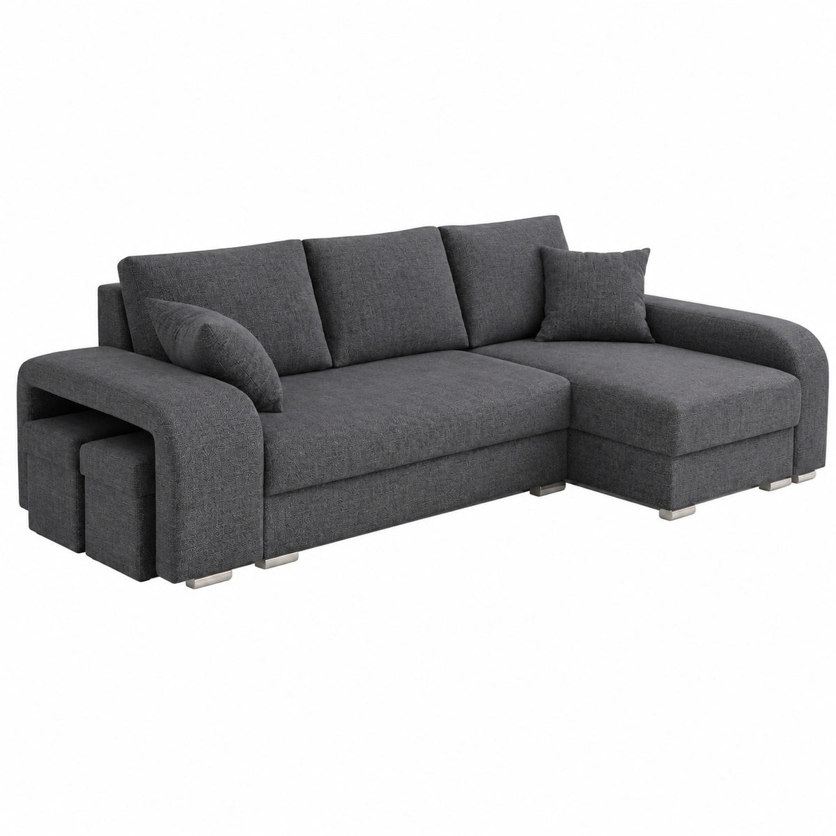 Divano Letto Angolare in Tessuto Grigio Scuro con Contenitori e Pouf - 245 cm - Angolo Destro