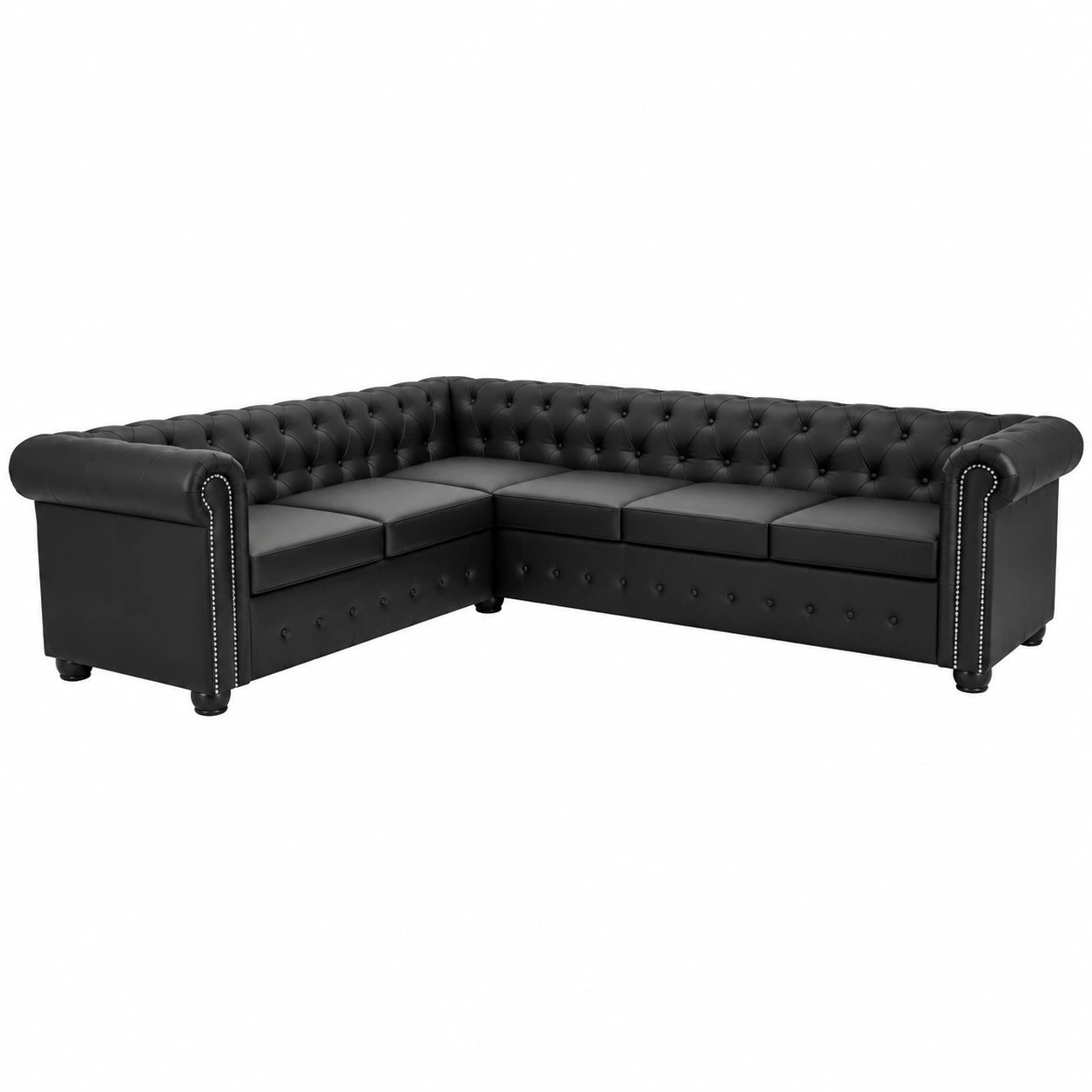 Divano Angolare Chesterfield a 6 Posti in Ecopelle per Soggiorno o Ufficio - Disponibile in Nero, Bianco e Marrone