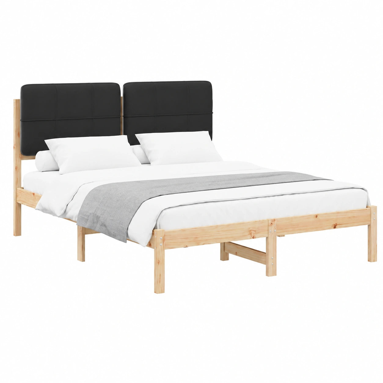 Letto Matrimoniale in Pino Massello con Testata Imbottita, 160x200 cm, Nero, Stile Minimalista